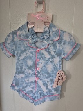 Sweet Dreams Kids Blue Tie-Dye Pajama Set with Pink Piping